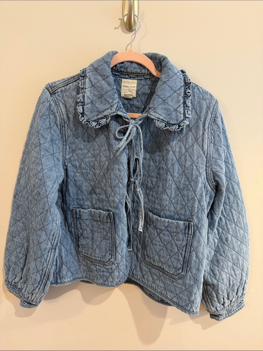 Quilted Light Blue Denim Jacket with Ruffle Collar and Tie Front